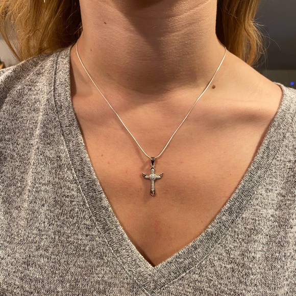 Sterling Silver Cz Cross with Angel Wings Necklace - Picture 12 of 16